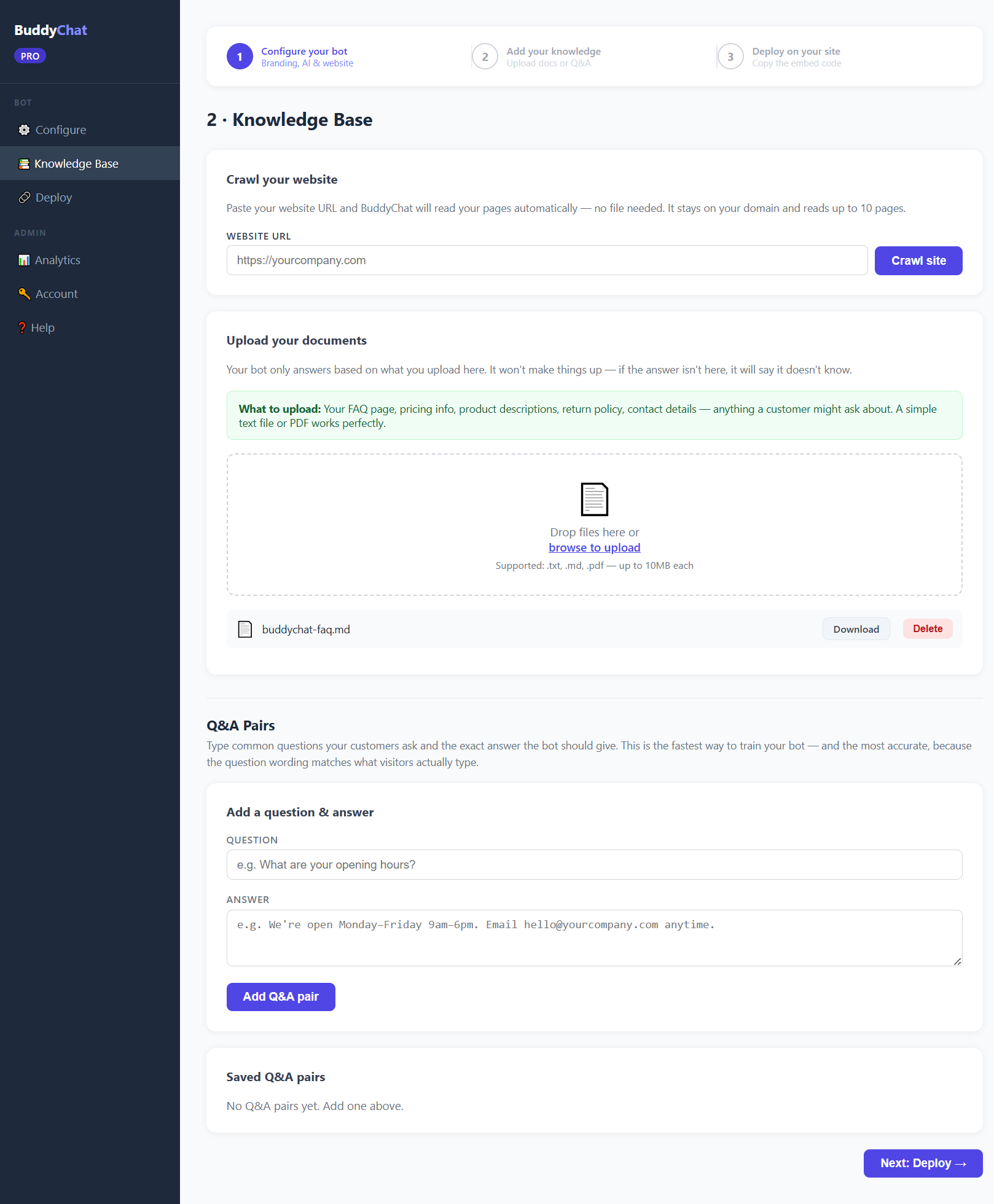 BuddyChat admin panel — knowledge base
